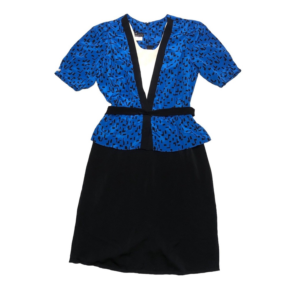 Vintage 70s Breli Originals Dress Womans 12 Blue Black Belted Secretary‎ Retro